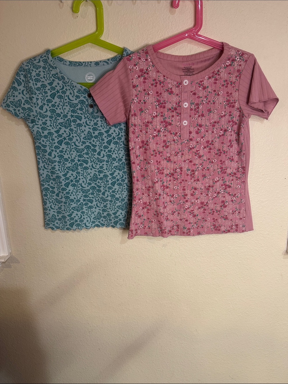 Girls' Pink  and Teal Floral Short-Sleeve Henley Top Bundle